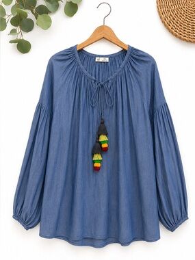 Zara TRF Collection Boho Chambray Tassel Peasant Top Loose Fit Size Small